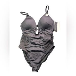 KENNETH COLE black push up mesh side panels V plunge one piece swimsuit NWT